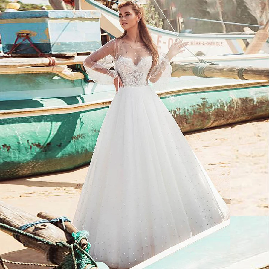 

Gorgeous Tulle Bateau Neckline A-line Wedding Dresses With Imitation Pearls Long Sleeves Bridal Dress vestidos novias boda