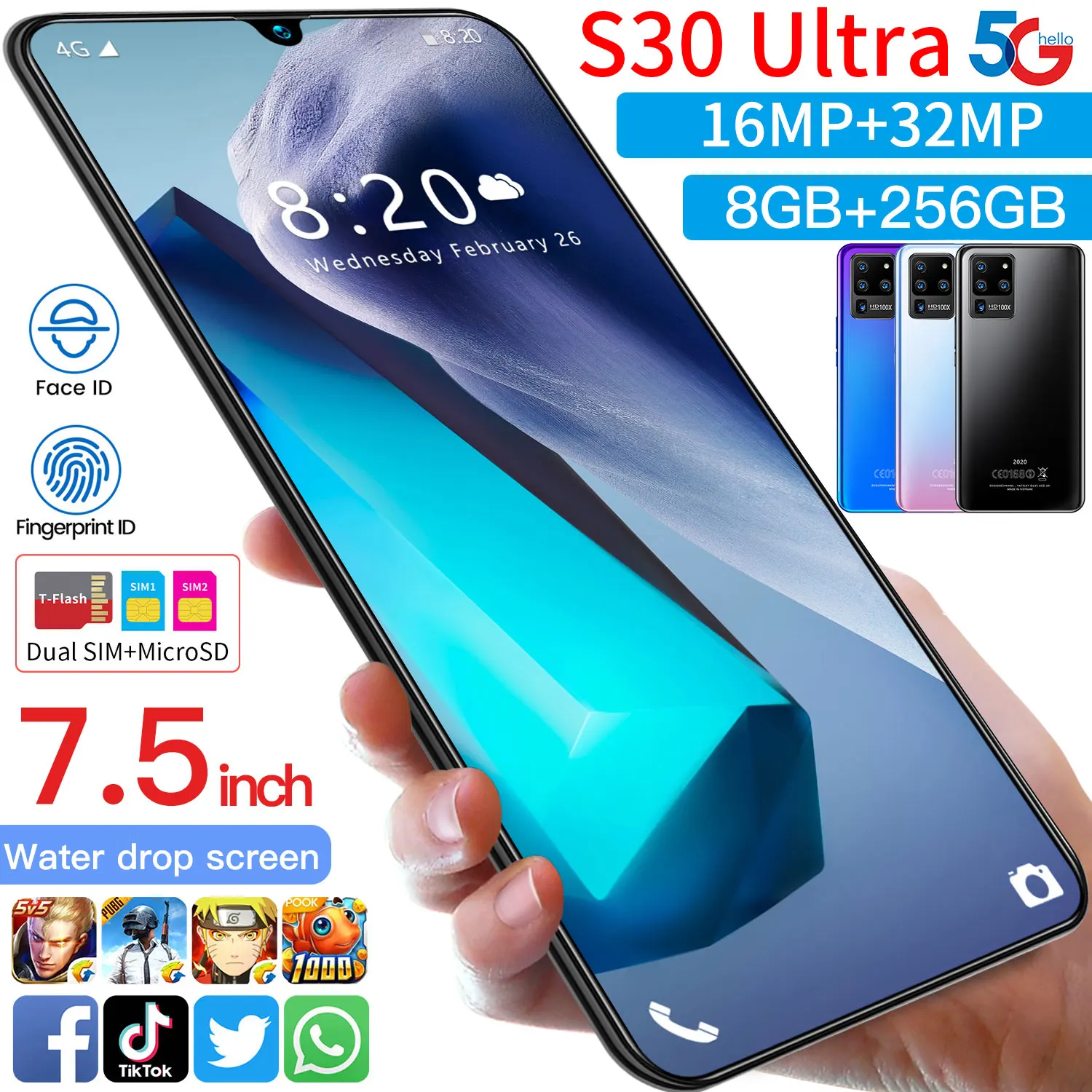 S30 ультра 7 5 дюймов Большой Экран 8 + 256 ГБ 10 Core 6800mAh смартфон 2021 Новое поступление 16