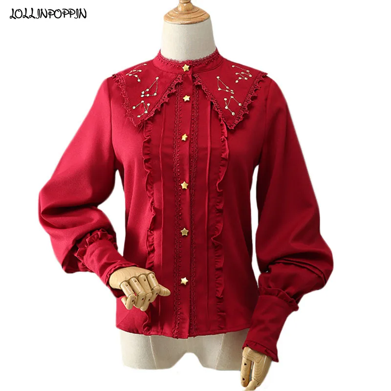 Women Stand Collar Lolita Shirt Long Sleeves Constellation Embroidery Ruffled Design Ladies Big Lapel JK Chiffon Blouse