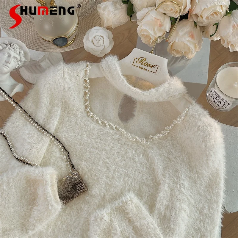 

2021 Fall Winter New Ladies French Pearl Halter Mink-like Wool Pullover Sweater Women Fashion Retro Soft Comfortable Knitted Top