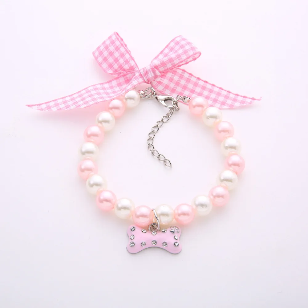 

Lovely Adjustable Dog Necklace Collar Pet Cat Bowknot Pearl Necklace for Dogs Rhinestone Bone Pendant Pet Jewelry Accessories
