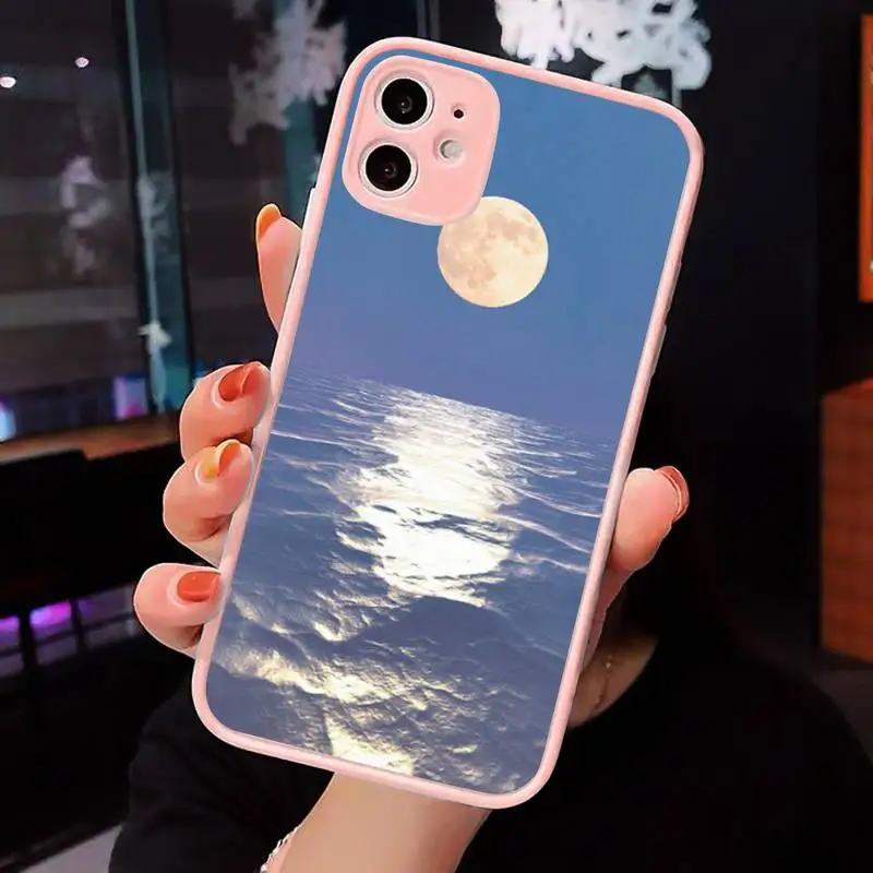 

Phone Case For iPhone 12 11 Mini Pro XR XS Max 7 8 Plus X Moon starry sky sun creative illustration Matte transparent Pink Cover