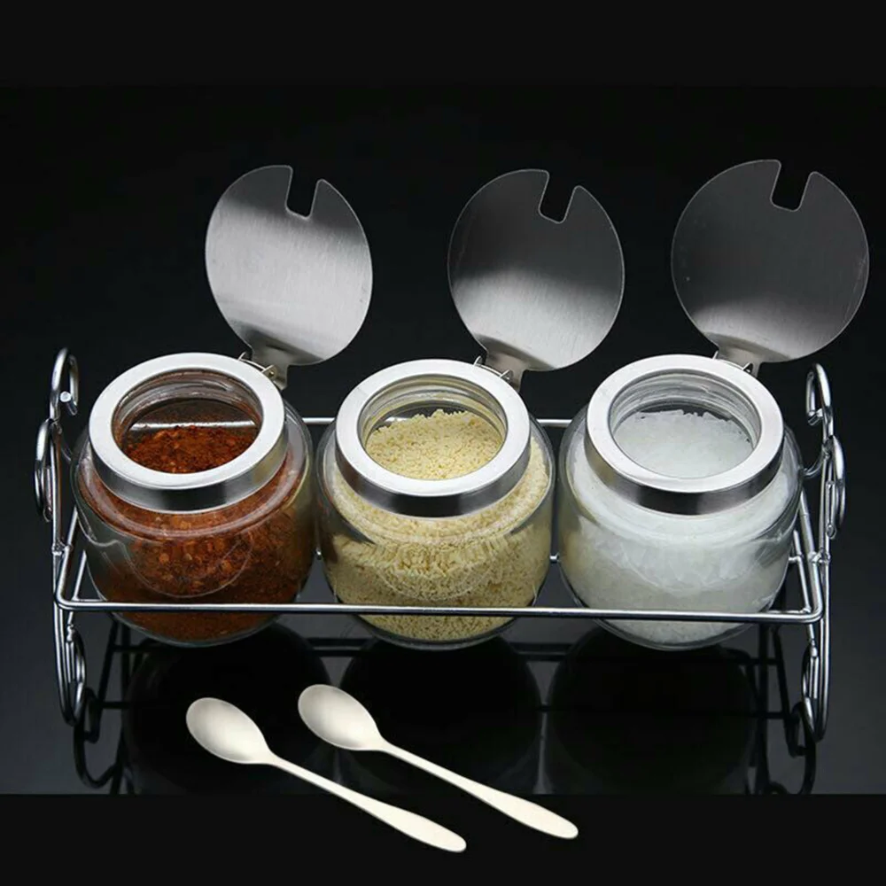 

1 Set Stainless Steel Seasoning Bottle Container Stoarge Box Kitchen Gadget (1pc Rack + 3pcs Seasoning Container + 3pcs Spoon Si