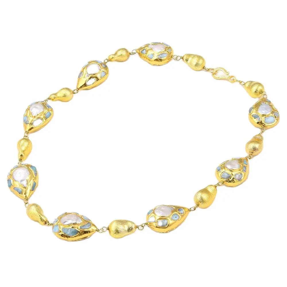 

GG Jewelry Natural Cultured White Freshwater Pearl Teardrop Shape Blue Larimars Gold Brushed Teardrop Bead Wrap Necklace 24"