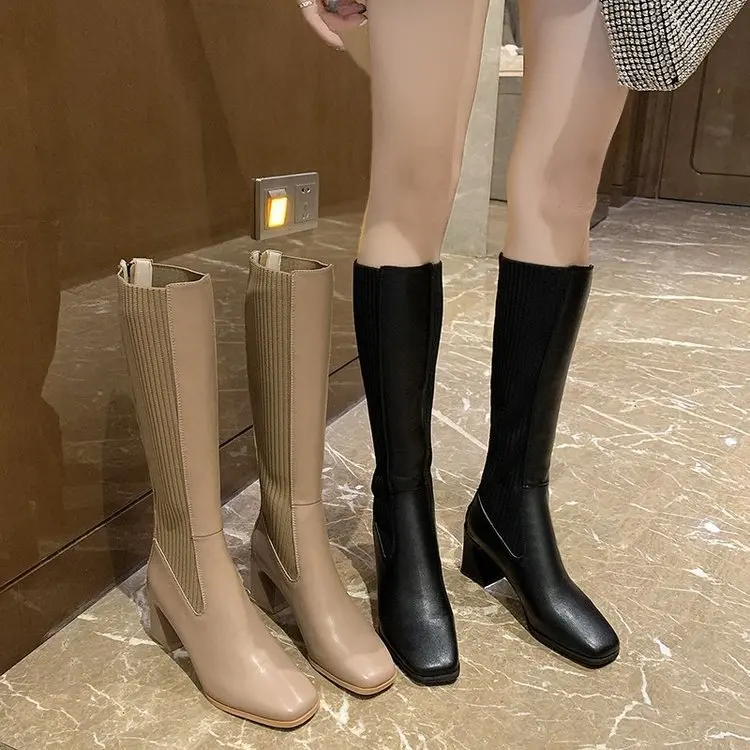 

Elastic fashion boots square toe thick heel 2021 autumn and winter new women's knitted high-barrel knitting boots