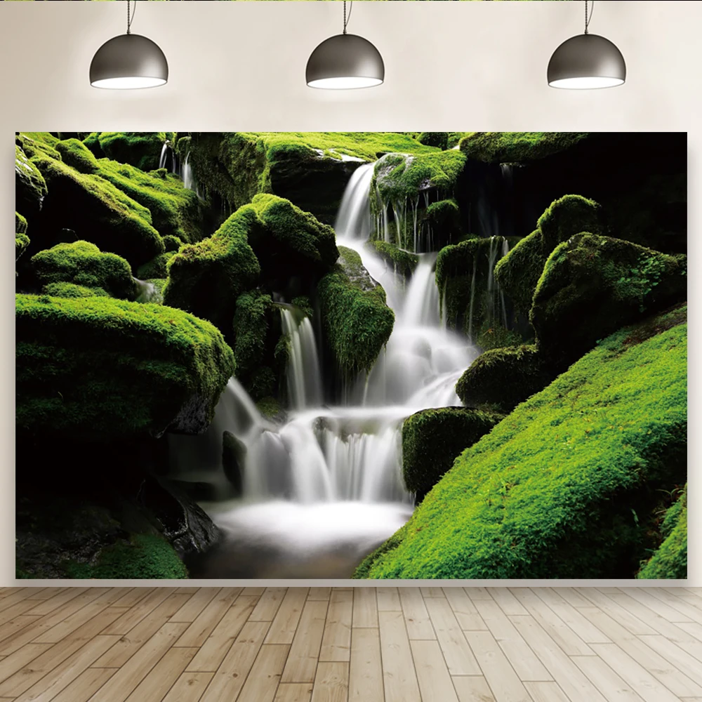 

Фон для фотосъемки с изображением зеленой горы камня леса водопада природный пейзаж Декор для гостиной плакат портретный фон для фотосъемки