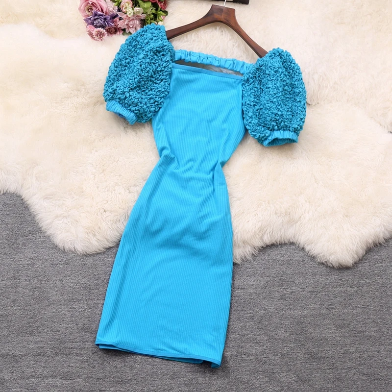 

Women Fashion Korean Dress Design Square Collar Slim Dresses Summer Elegant Office Mini Sundress blue vestidos mujer verano 2021