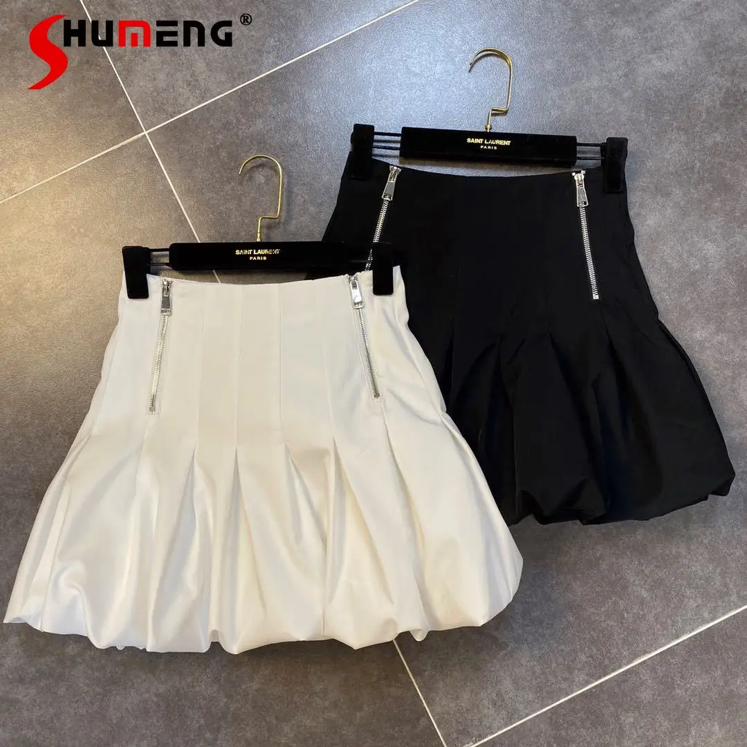 

2021 Summer New Solid Color Double Zipper Decorative Skirt for Ladies Slim Fit High Waist Folds Bud Short Skirt Female