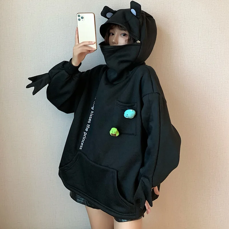 

Frog Hoodie Women Cute Funny Embroidery Letter Plus Velvet Thickened Kawaii Harajuku Streetwear Christmas Oversized Hoodie