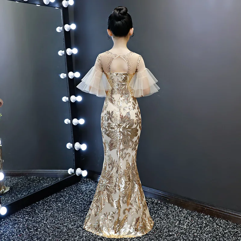 Детское вечернее платье с блестками облегающее золотистое Русалка для девочек