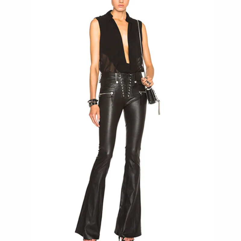 Cool Punk Fashion Womens Lace Up Slim Fit Trousers Female Flared Bell-bottom PU Leather Pants Size XS-XL Free Shipping