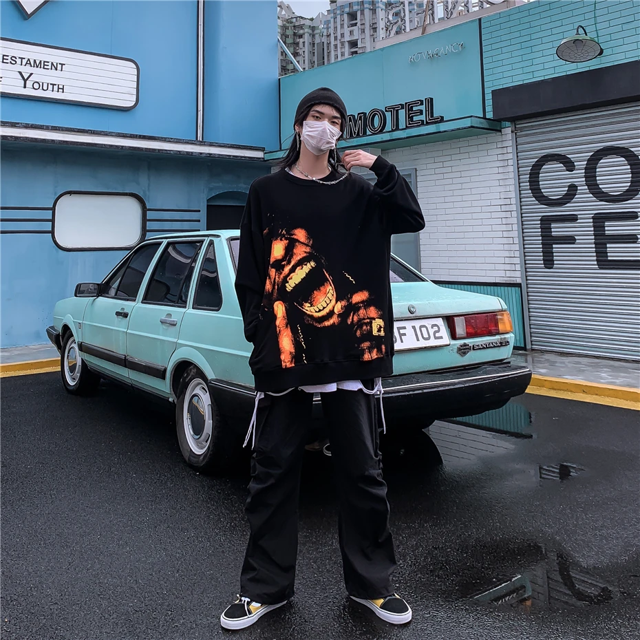 

Men Hip Hop Sweatshirt Punk Rock Streetwear Harajuku Pullover Cotton Autumn 2020 Loose Sweat Shirt Hoodie Black Oversized WY145
