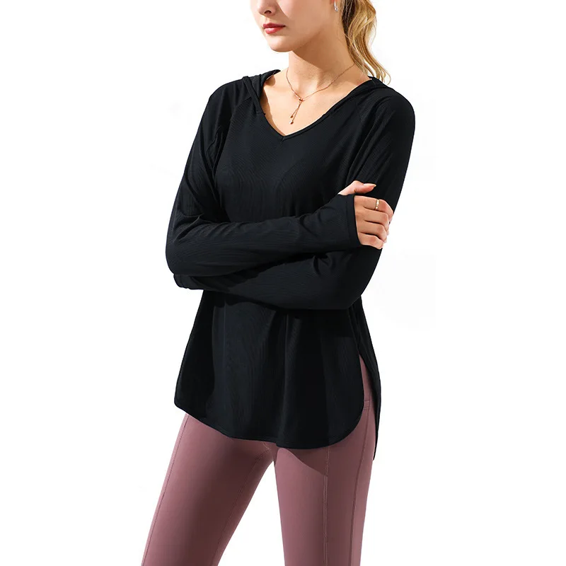 

Women's Hooded Long Sleeve Yoga Wear Casual Loose V-neck