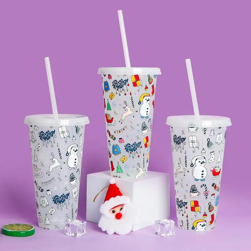 

710ml Christmas Straw Cup Water Bottle With Straws Lid Color Changing Cup Drinkware Coffee Drinking Cup Christmas Gifts Mugs