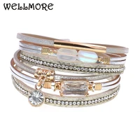wellmore new fashion glass bracelet leather charm bracelets for women luxury wedding statement jewelry wholesale drop shipping