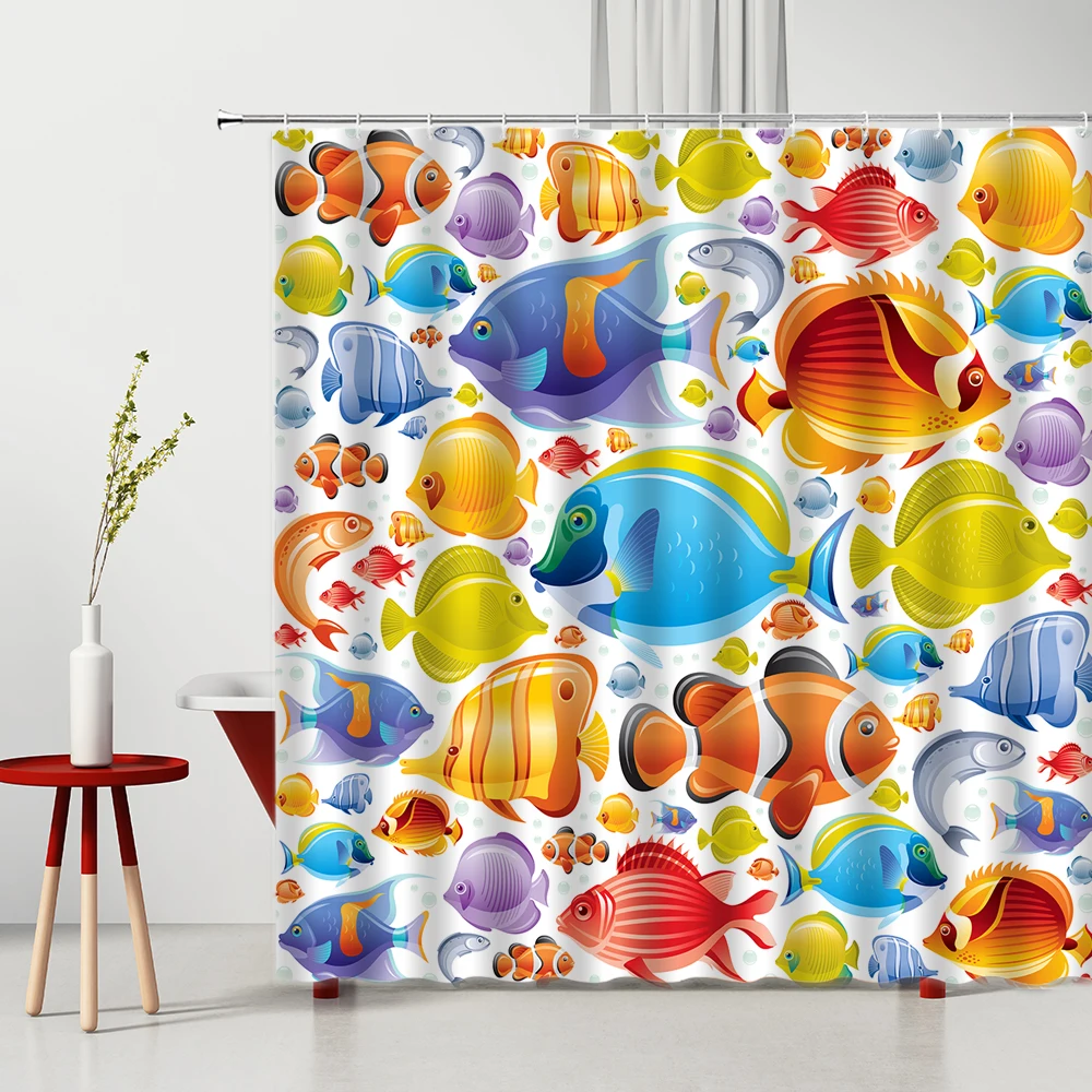 

Children's Waterproof Shower Curtain Cartoons Fish Group Ocean Biological 3D Printed Bathroom Decoration Bath Curtains With Hook