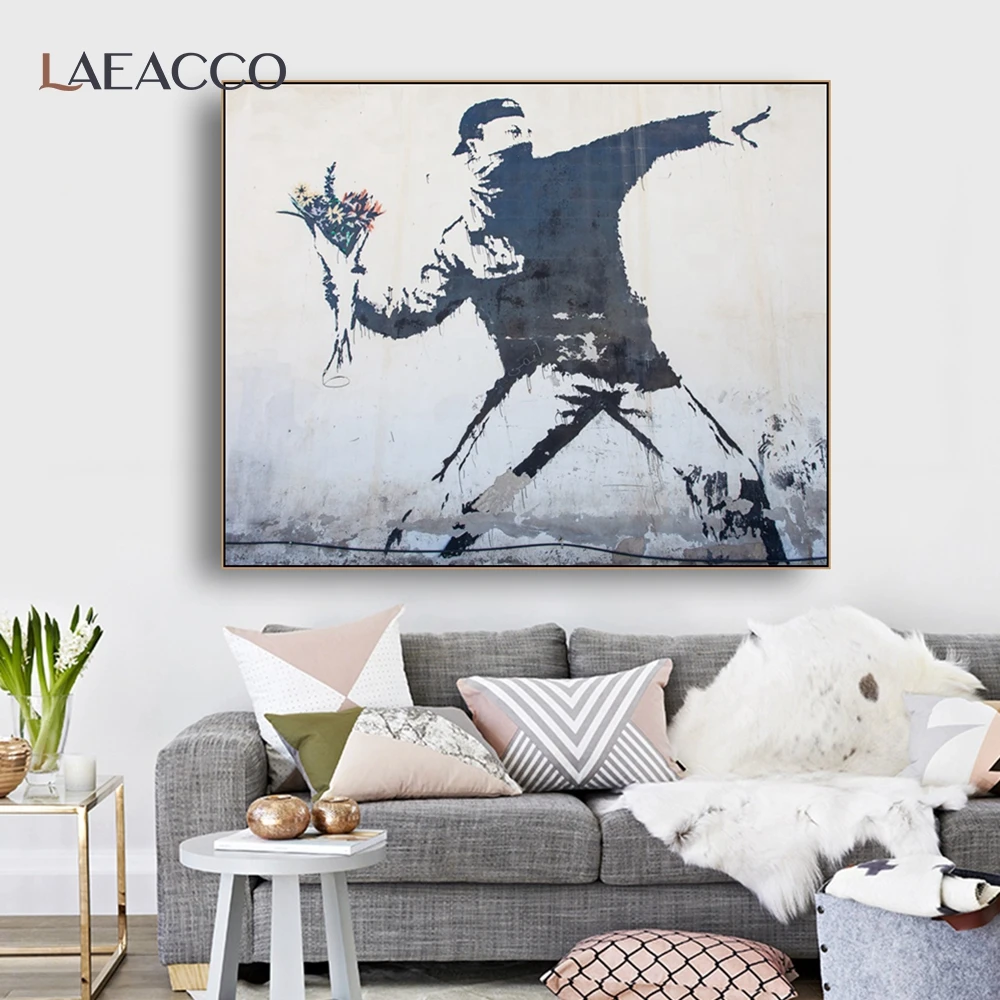 

Laeacco Love Is In The Air Banksy Canvas Art Poster Painting Wall Art Home Decor Picture Nordic Living Room Decoration Home