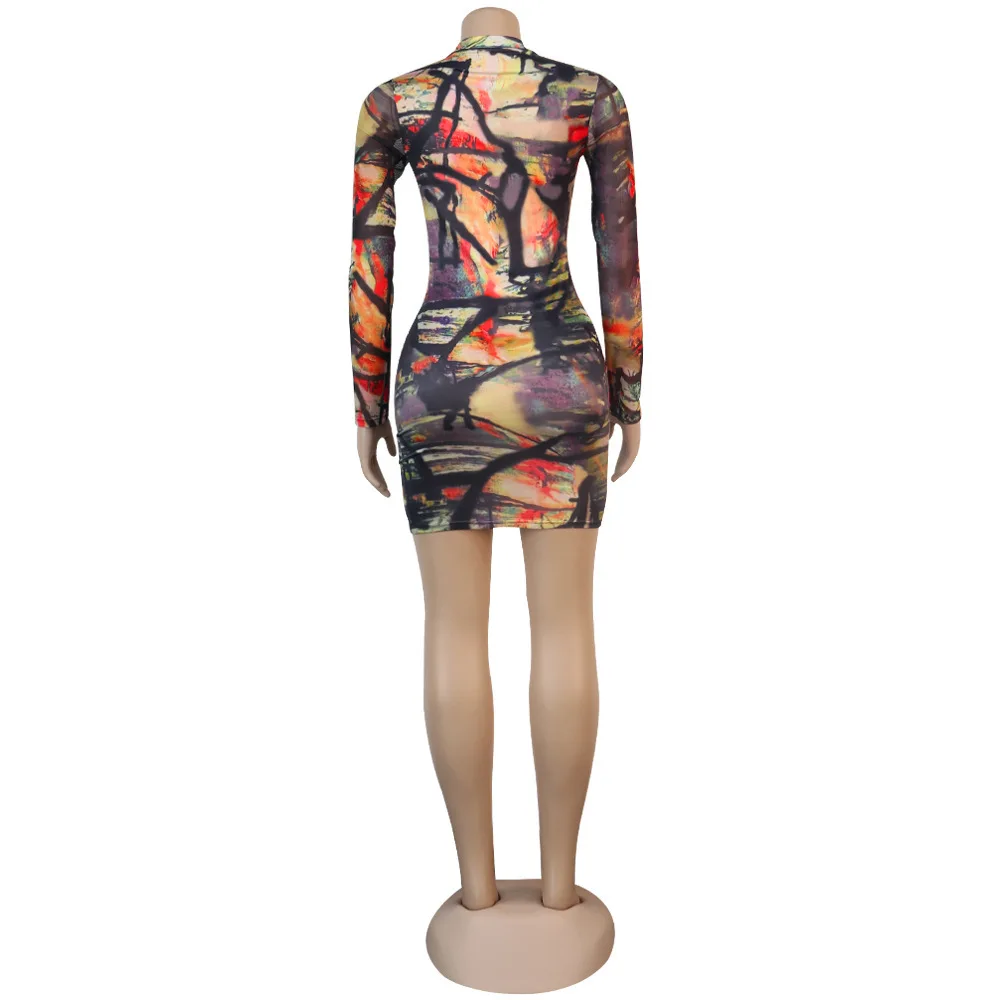 

Tie Dye Striped Print Woman Party Dresses Streetwear Scoop Neck Full Sleeve Pencil Dress Autumn Sexy High Waist Slim Fit Dress