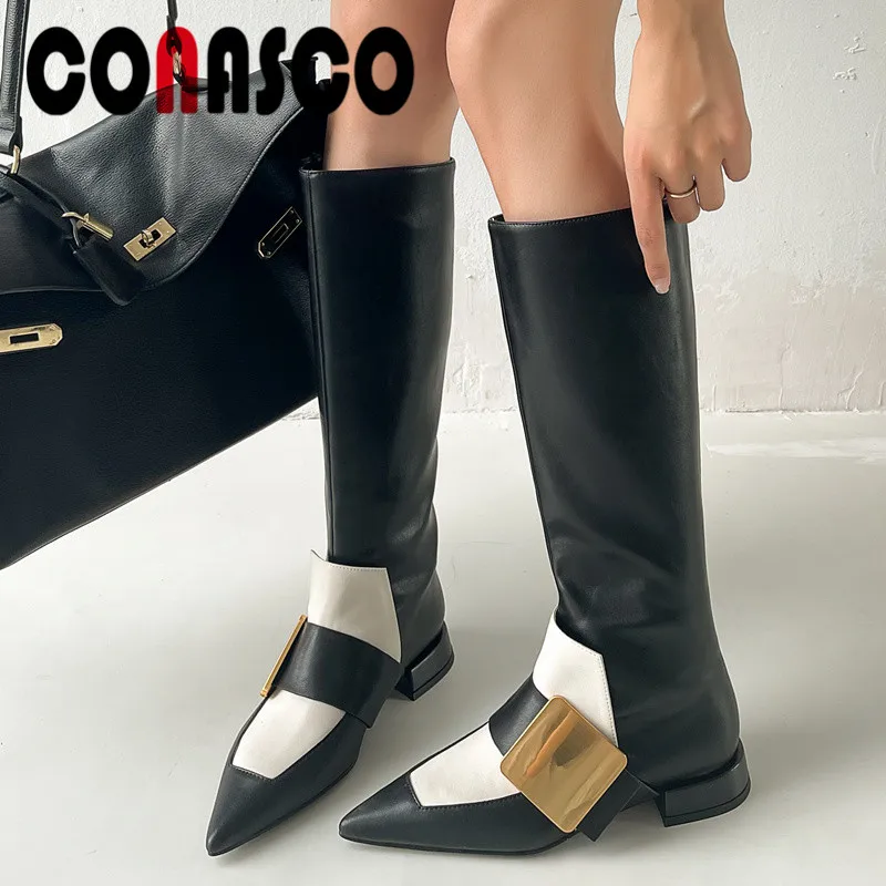 

CONASCO Retro Fashion Women Knee High Boots Autumn Winter Warm Cow Lether Basic Party Prom Shoes Metal Decoration Shoes Woman
