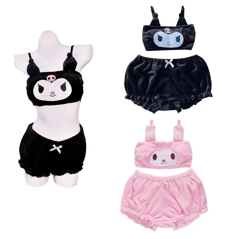 

Sanrios Kawaii Sexy Soft Strap Pajamas Underwear My Melody Kuromi Cinnamoroll Girl Sexy Home Clothing Milk Silk Plush Bra Set