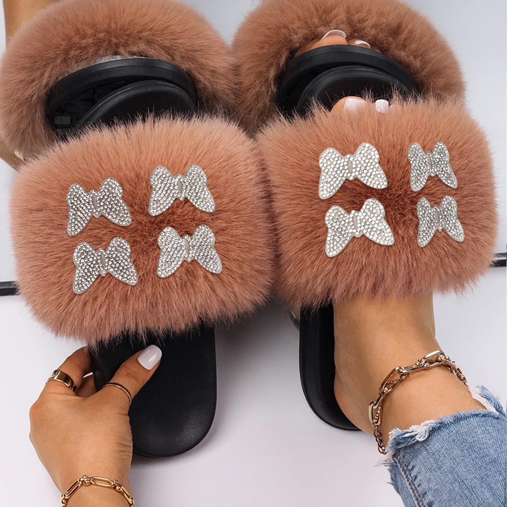 Women House Slippers Rhinestone Butterfly Decor Fluffy Flip Flops Slippers Flat Open Toe Furry Slides Female Winter Warm Shoes