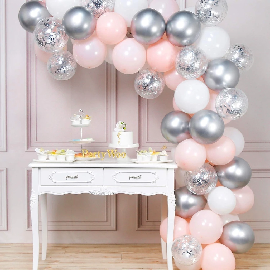 

62pcs Metallic Silver Balloons Garland Arch Kit For Birthday Party Anniversary Wedding Decors Pink White Confetti Latex Globos