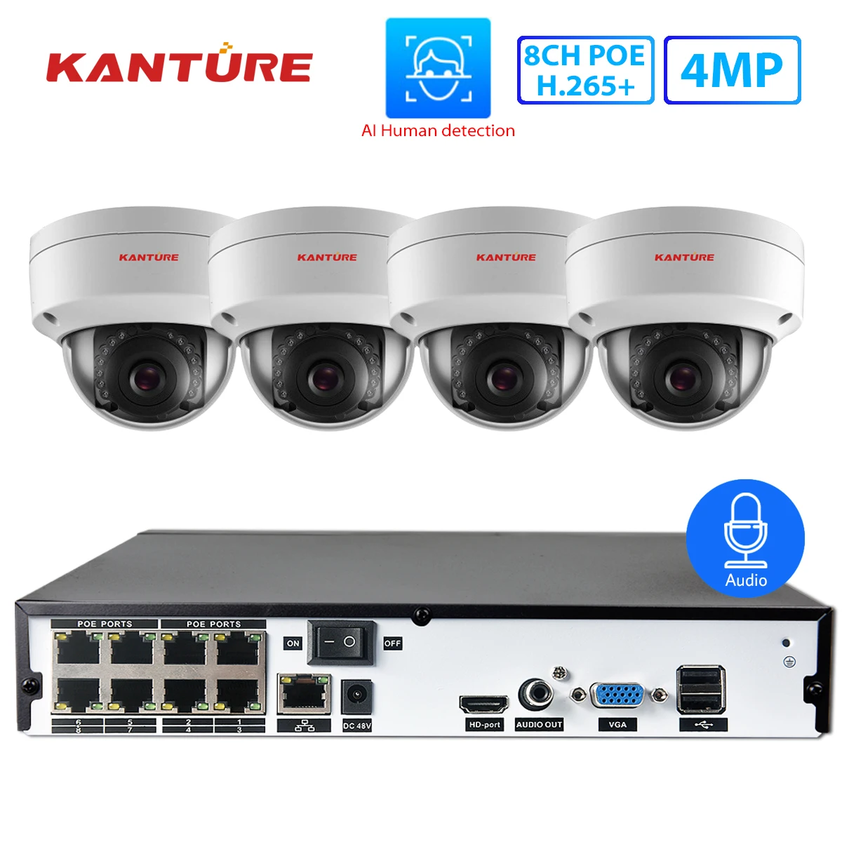 Система видеонаблюдения KANTURE H.265 + 8 каналов 5 МП POE AI 4 NVR аудио IP66 для помещений и
