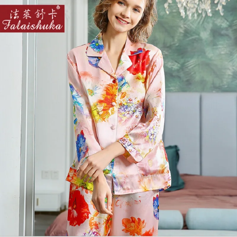 Silk Pajamas Set Foral Print Lady Full Sleeve sleepwear Silk Stain Homewears Sleepwears Pyjama Set Sexy Fashion Home Wear XL