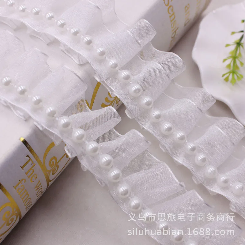

10Yards White Chiffon Pleated Pearl Trim Ruffled Organza Lace Fabric Dance Dress Skirt Accessories Headwear Decoration Materials