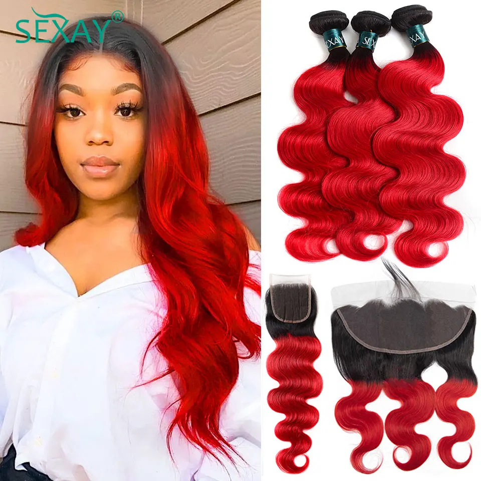 Sexay Red Bundles With Closure Pre Plucked Peruvian Body Wave Human Hair Weave Bundles With 13x4 Lace Frontals For Black Women