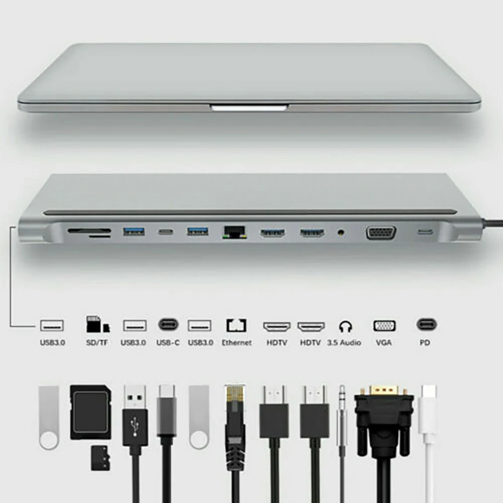 

Док-станция 12 в 1 с USB C, двойным HDMI, RJ45, VGA, многопортовым адаптером