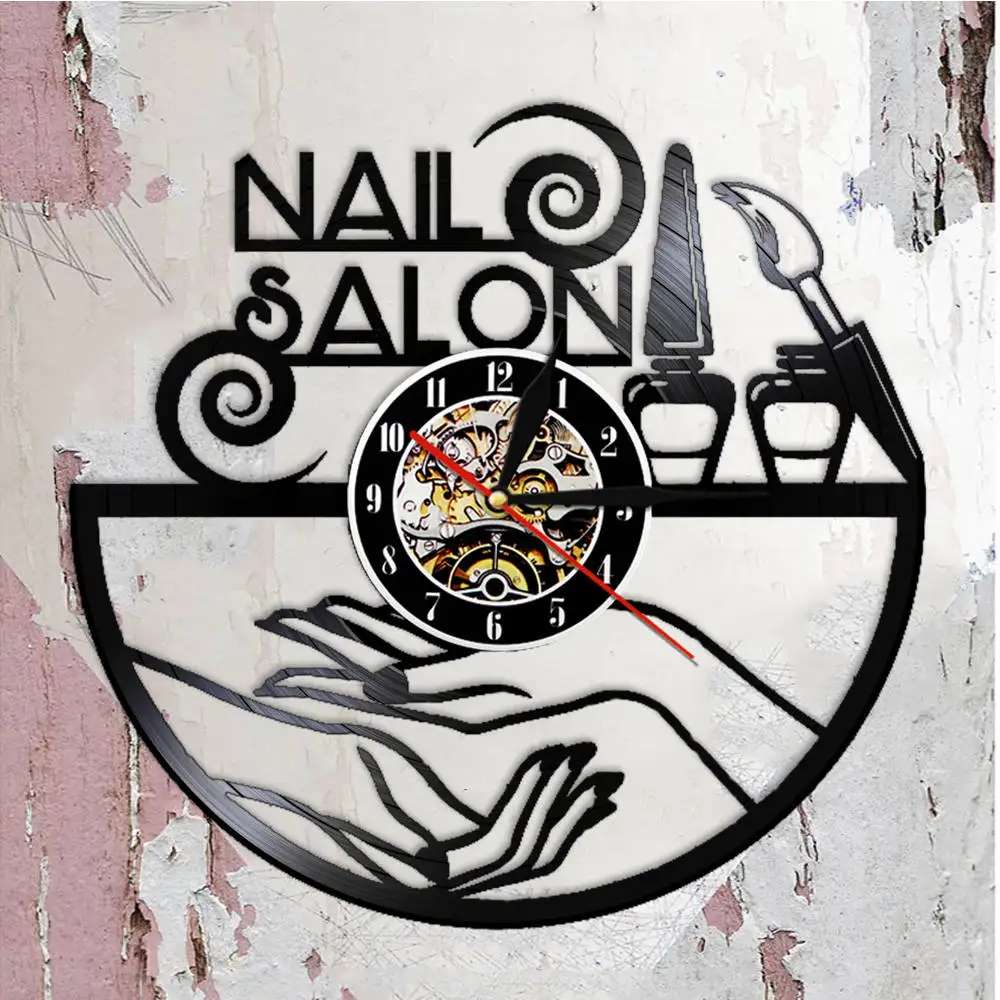 Nail Salon Vinyl Record Wall Clock Beauty Salon Decor Wall Watch Wall Hanging Polish Laser Cut Clock Gift For Girls Manicurist