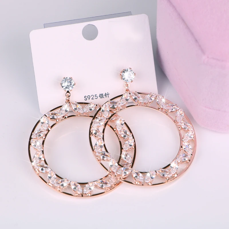 

High Quality Big Round Crystal Zirconia Drop Earrings for Women Rose Gold Color Fine Earring Ladies Gift Fashion Jewelry