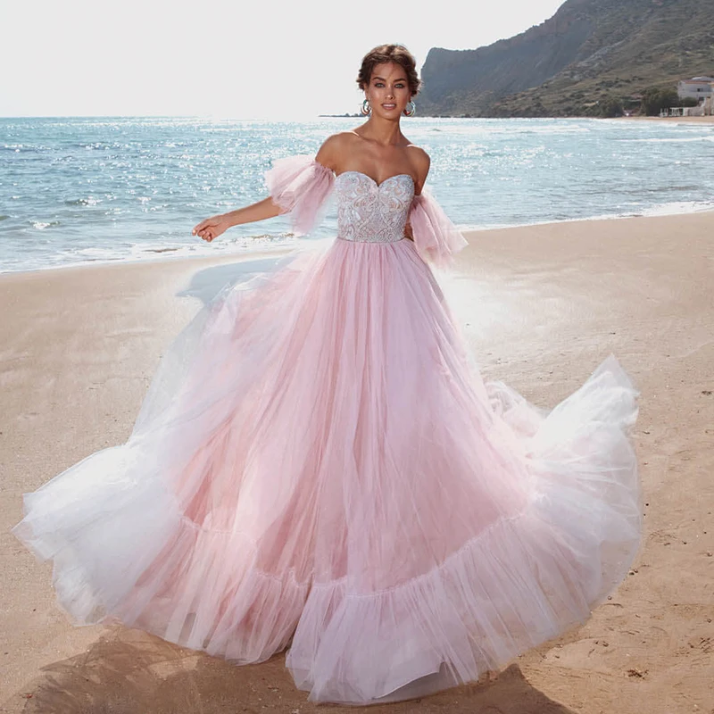 

Charming V-Neck A-Line Puff Sleeves Bridal Gown Soft Tulle Floor-Length Wedding Dress