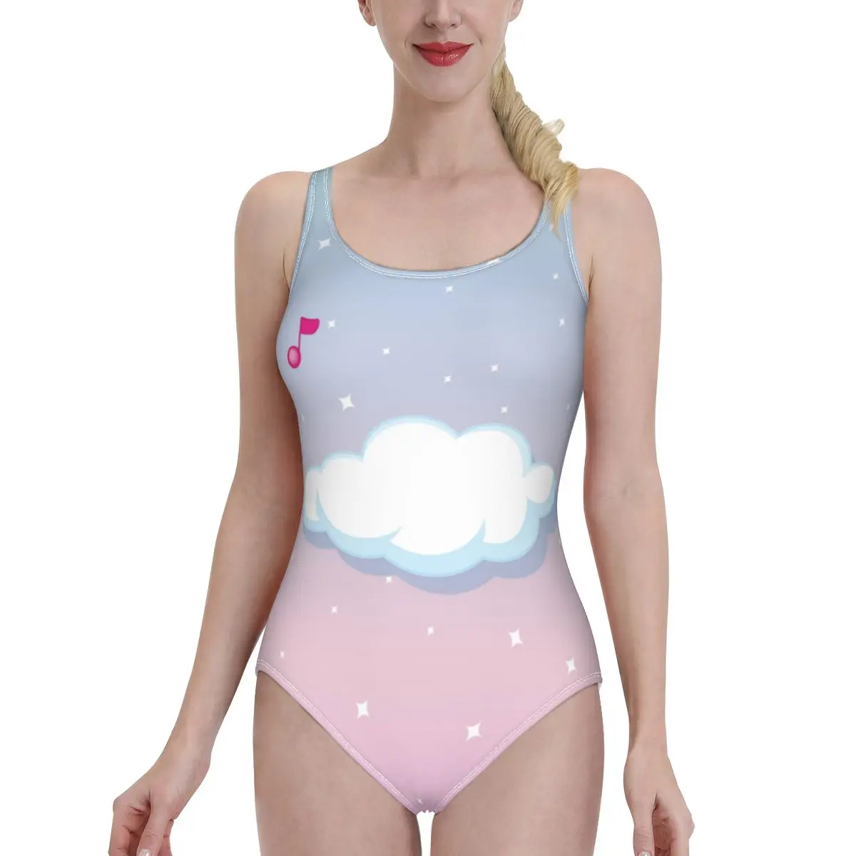

2021 Sexy Swimsuit Women Push Up One Piece Swimsuit Clouds Pastel Sky With Melody Theme Swimwear Female Bodysuit Monokini
