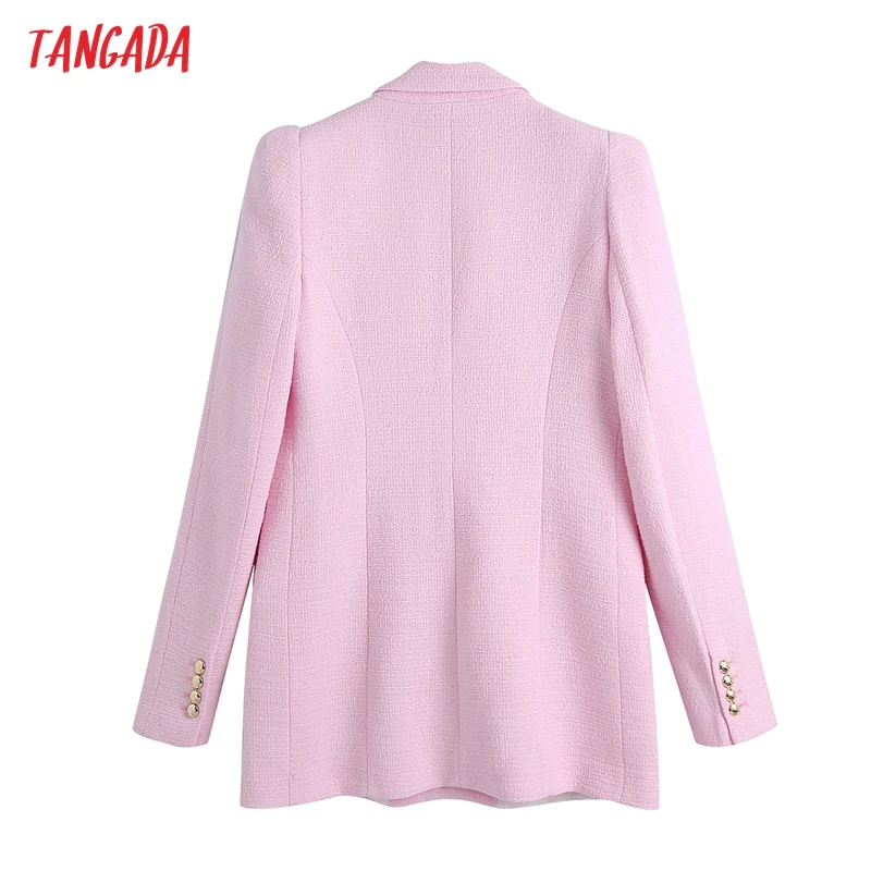 

Tangada Women 2021 Fashion Pink Tweed Long Blazer Coat Vintage Double Breasted Long Sleeve Female Outerwear Chic Tops BE597