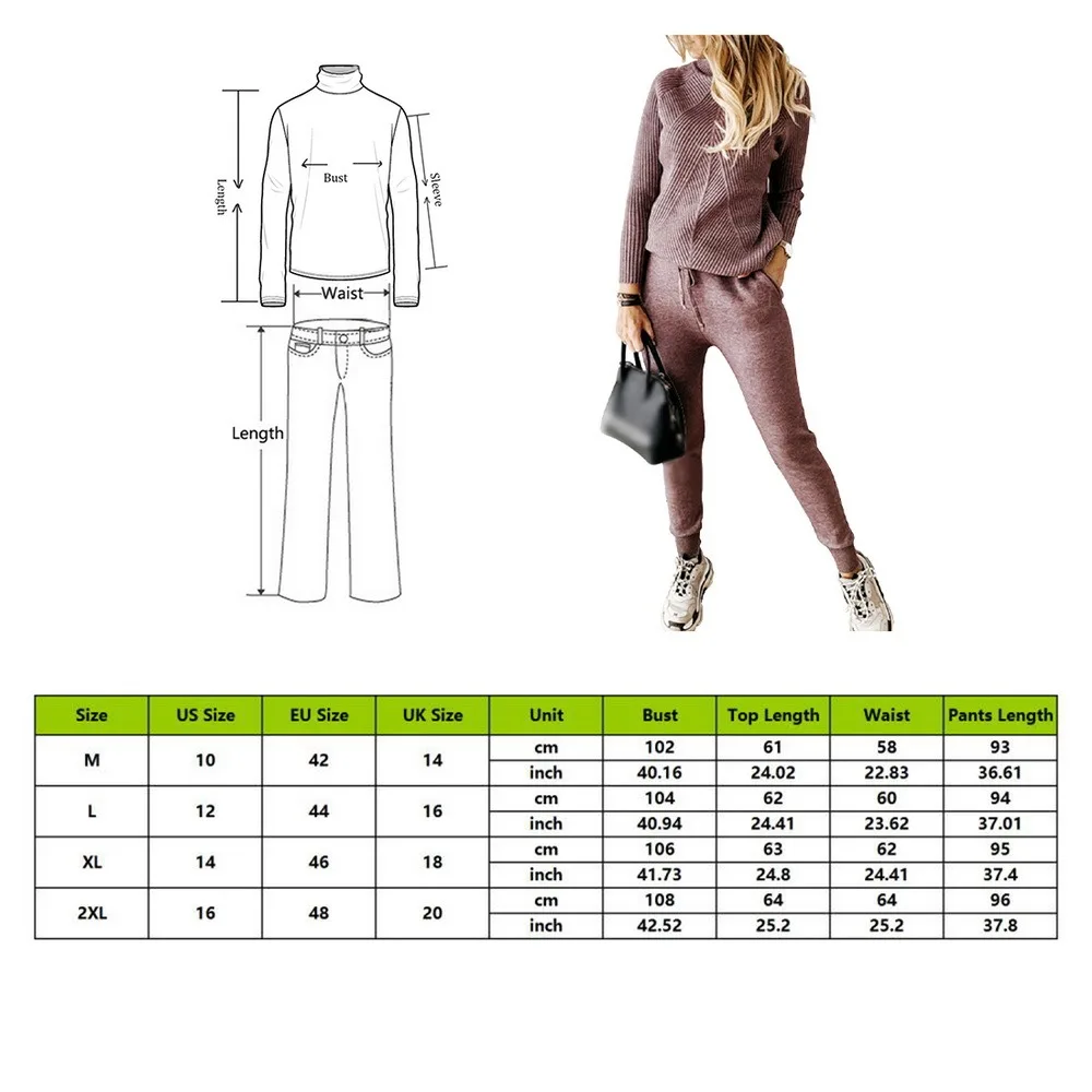 

Autumn Winter Women's Tracksuit Solid Color Sweater Elastic Trousers Suits Knitted Pullover Drawstring Pants Two Piece Set
