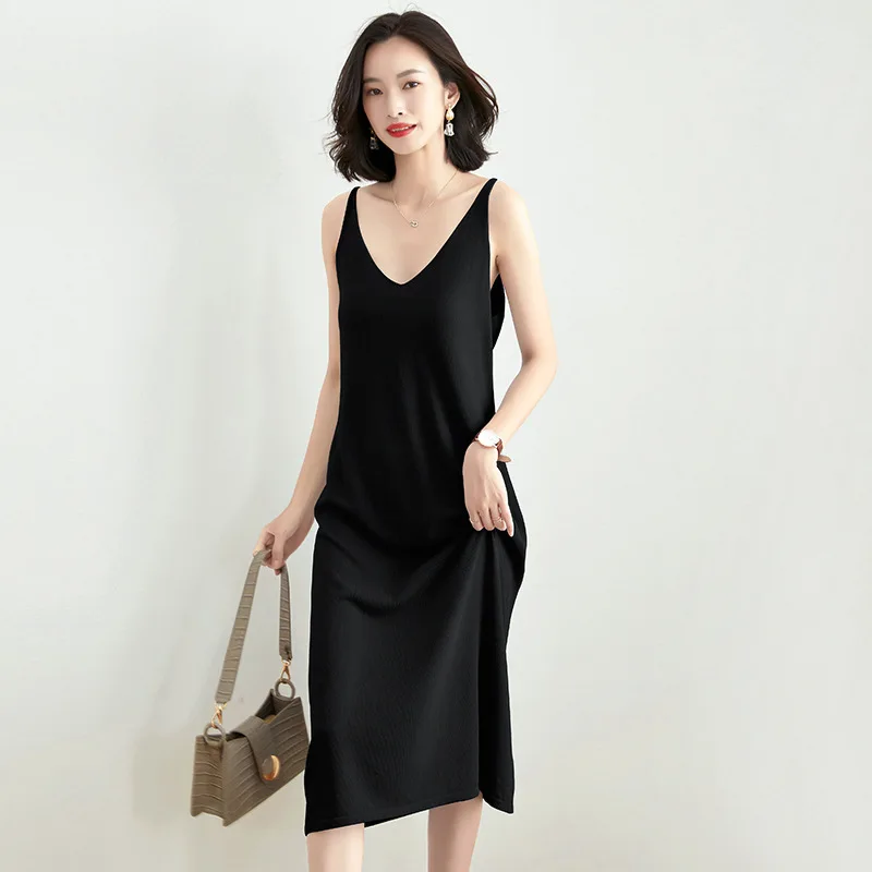 

Sexy V Neck Sleeveless Knitted Spaghetti Stap Dress Elegant Casual Loose Women Dresses Solid Color Spring Summer Long Dress 2021