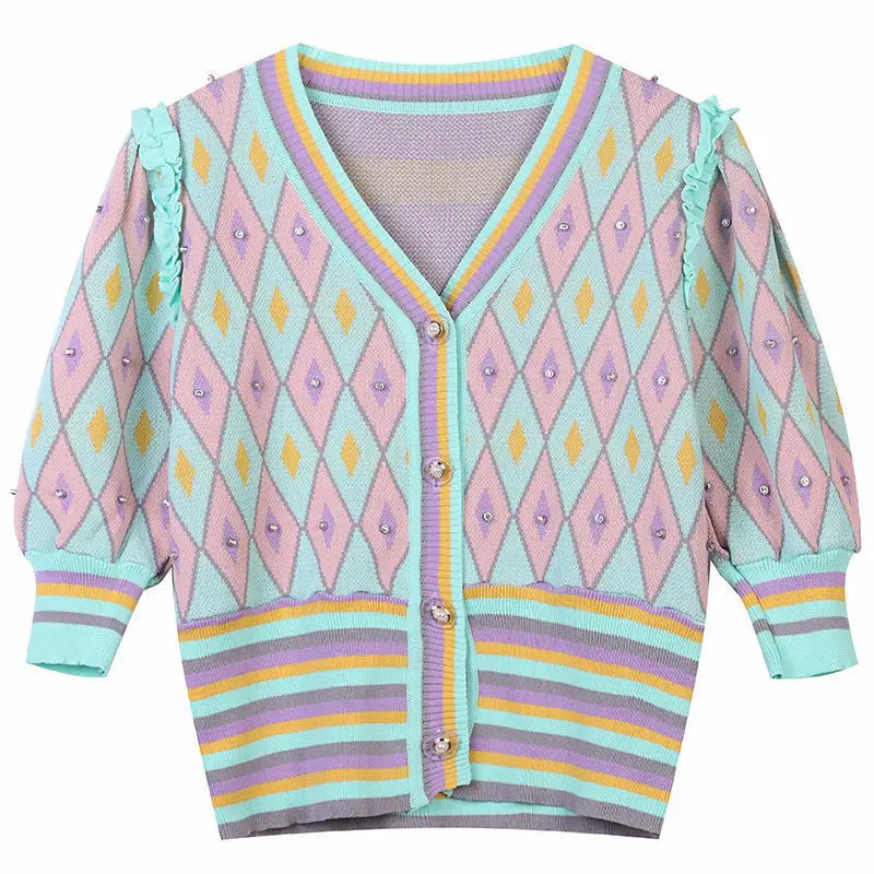 

Ice silk knitted cardigan coat women's 2021 new summer thin V-Neck Sweater western style retro short sleeve top