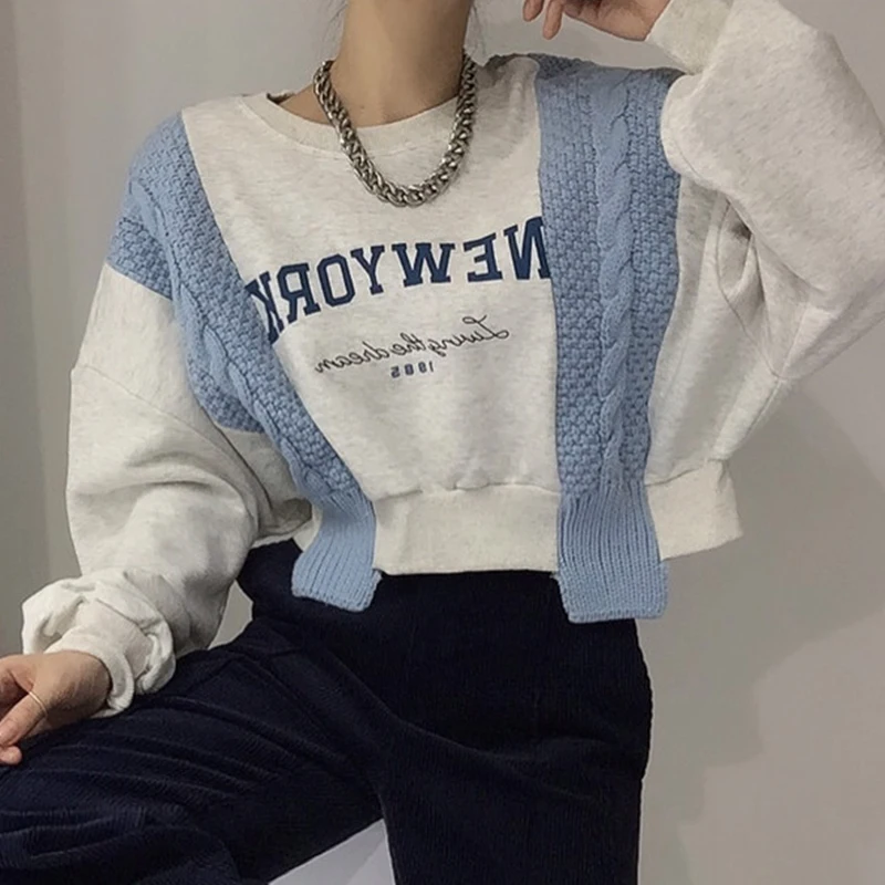Свитшот женский в Корейском стиле с буквенным принтом вязаная Асимметричная