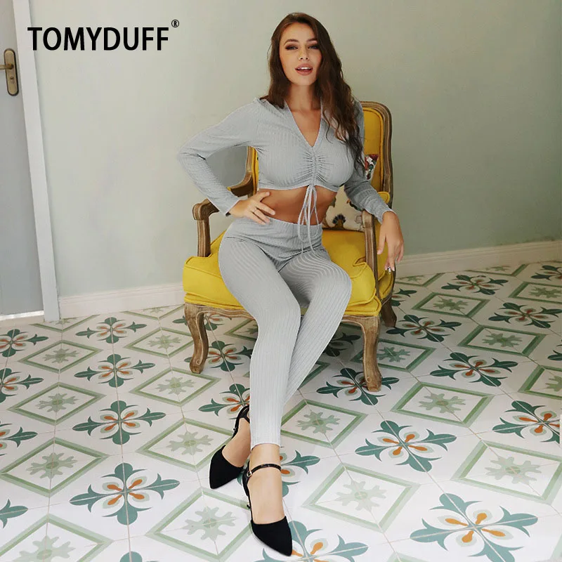 

TOMYDUFF Europe And America Solid Color V-Neck Chest Lanyard Long-Sleeved Trousers Suit Drawstring Pit Strip Casual Suit Female
