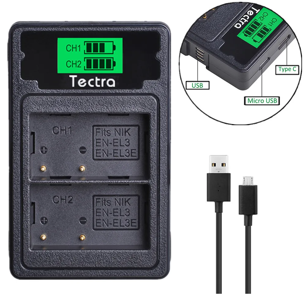 

Tecrta 3pc EN-EL3e EN EL3e ENEL3e Camera Battery+LCD Dual Type C port Charger for Nikon D30 D50 D70 D70S D90 D80 D100 D200 D300