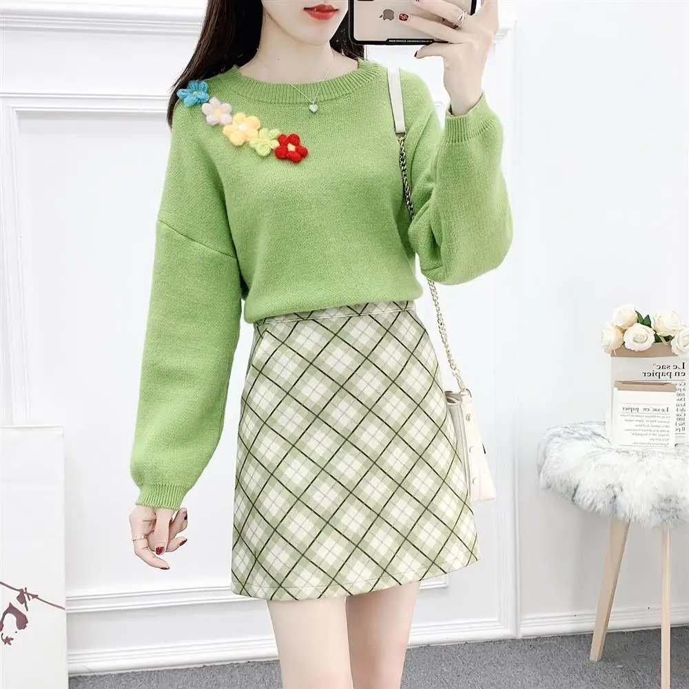 

Women 2022 Autumn Winter Casual Two Pieces Sets Female Full Sleeve Knitted Sweater Top + High Waist Plaid Mini Skirt Outfits A58