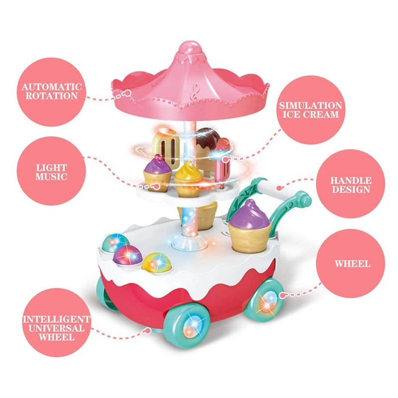 

Kids Ice Cream Toy Cart Play Set Trolley Truck Pretend Preschool Kitchen Sets with Music & Lighting Educational Toy