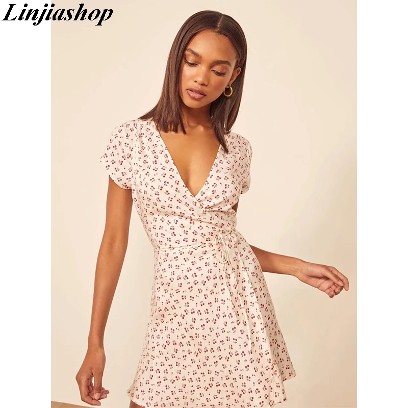 Женское винтажное платье Мини с v образным вырезом коротким рукавом и открытой