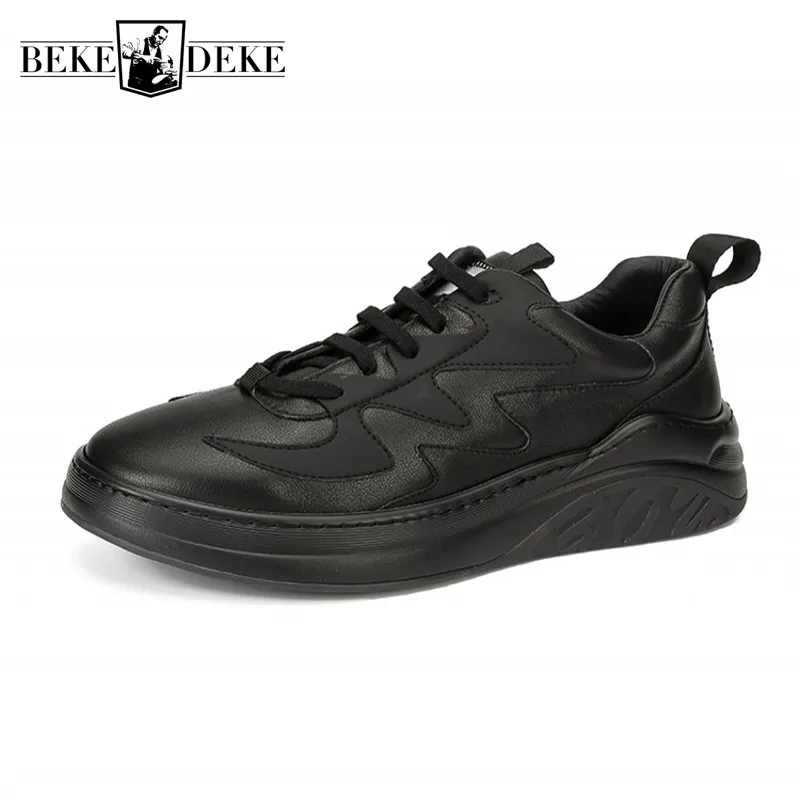 Мужские кроссовки из натуральной кожи черные на платформе шнуровке повседневная