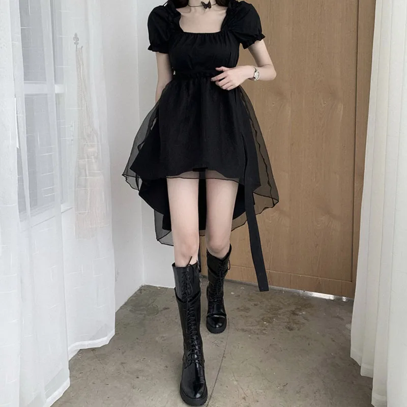

New Summer Gothic Harajuku Goth Elegant Puff Sleeve Black Dress Vintage Female Lace-Up Party Vestido Fairy Mesh Women Dresses