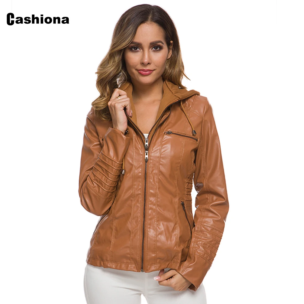 Cashiona 2021 New Faux Pu Leather Jackets Women Hooded Outerwear Pockets Zipper Coats Biker Jacket Womens Clothing Plus Size 7XL enlarge