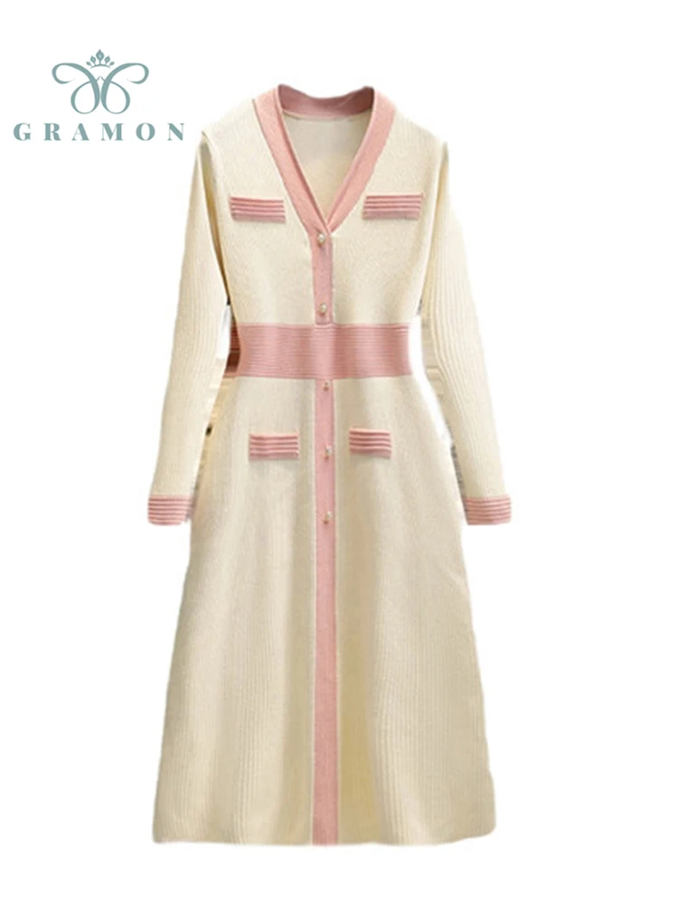 

Women Dress Korean Fashion Plus Size Clothes Long Sleeve V Neck Slim A Line Midi Vestidos Longo Spring Autumn Knit Dress Female