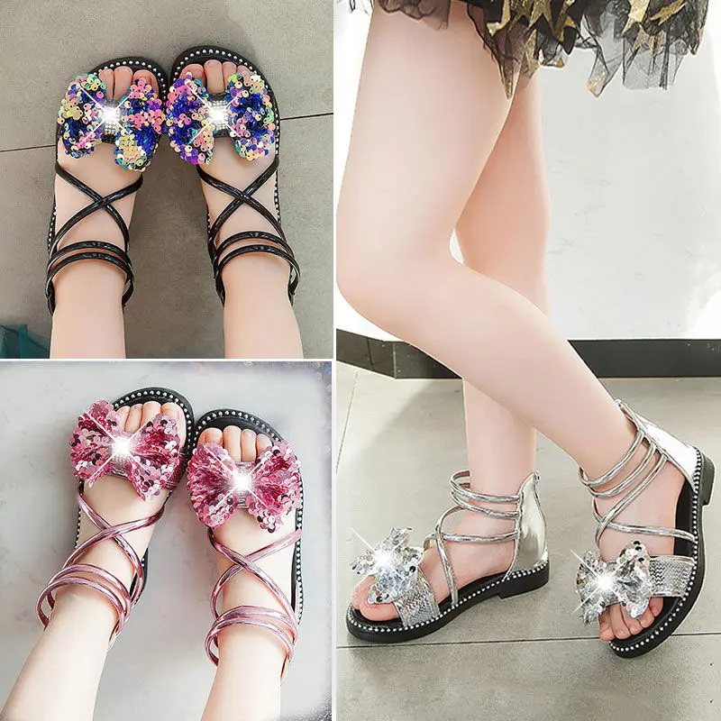 

Summer Girls Sandals 2021 New Fashion Sequin Bow Kids Beach Sandals Korean Version Girl Princess Shoes Size 27-37